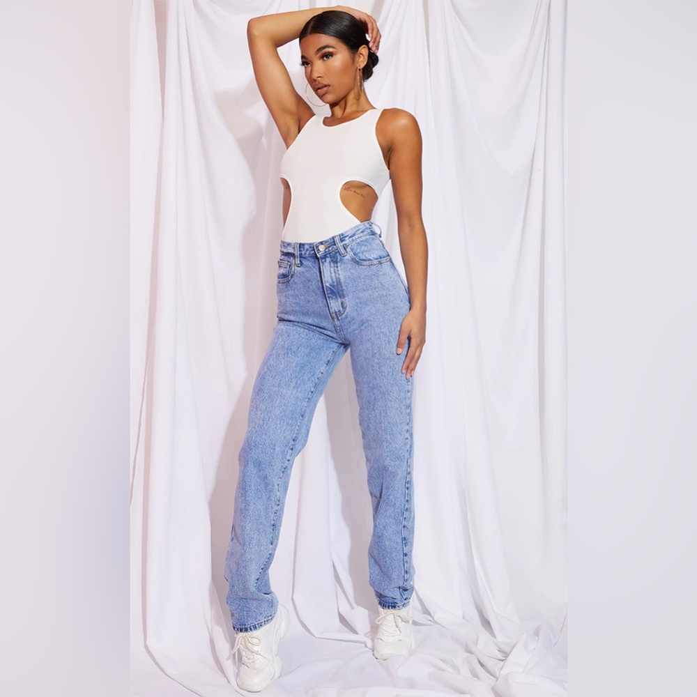 Mid Blue Acid Wash High Waist Straight Leg Jeans US 6 UK 10